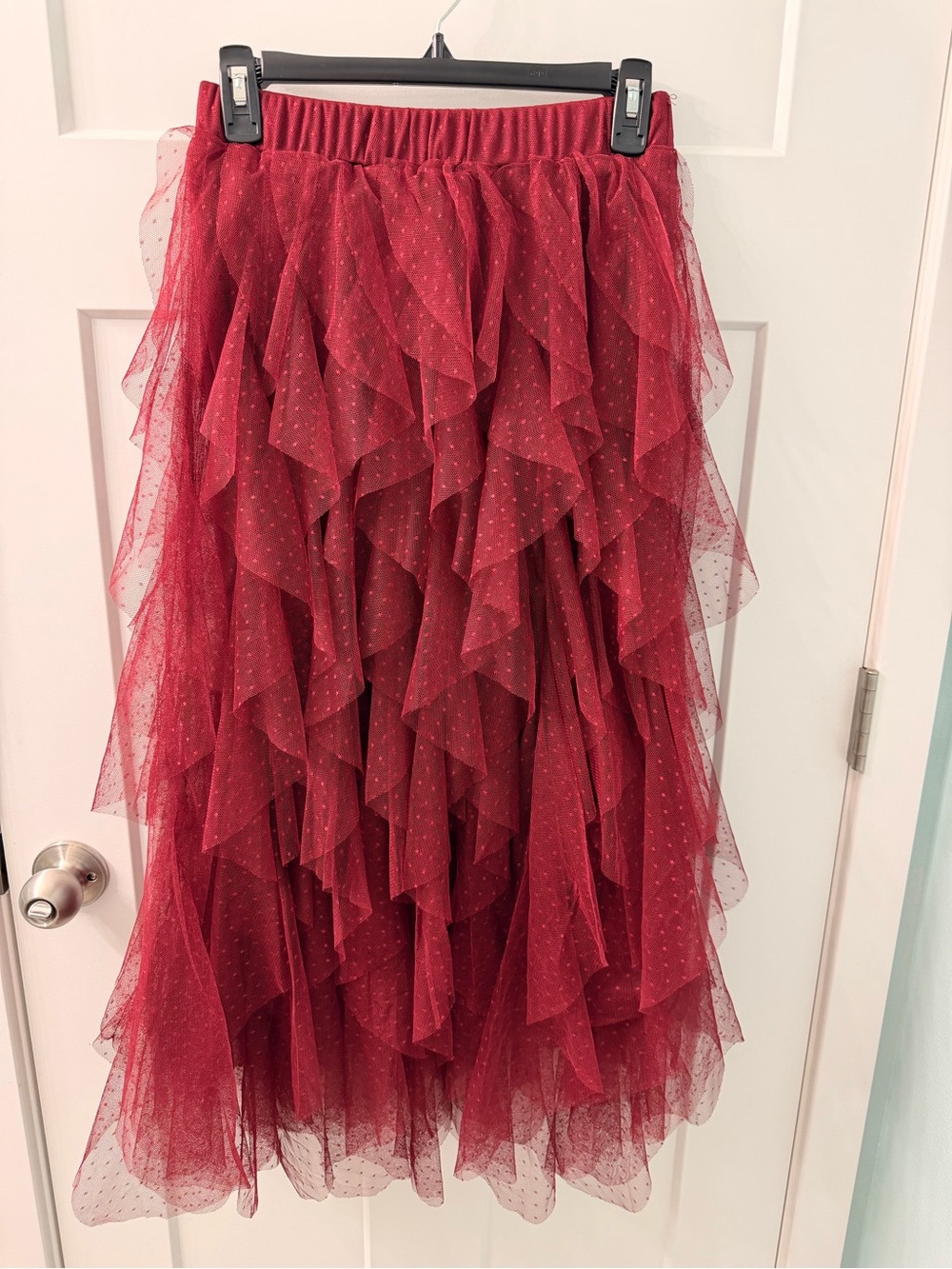Burgundy Ruffled Tulle Midi Skirt